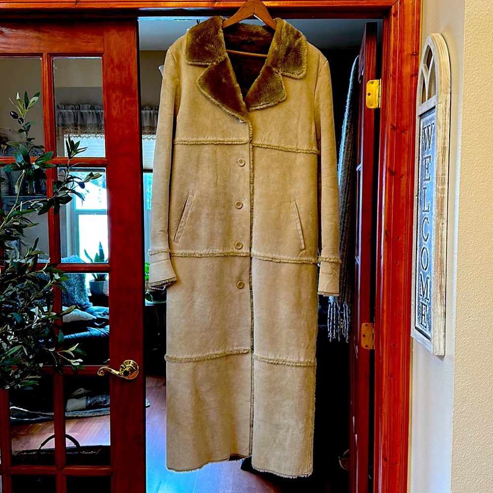 Brandon Thomas tan leather duster full length coat.XL